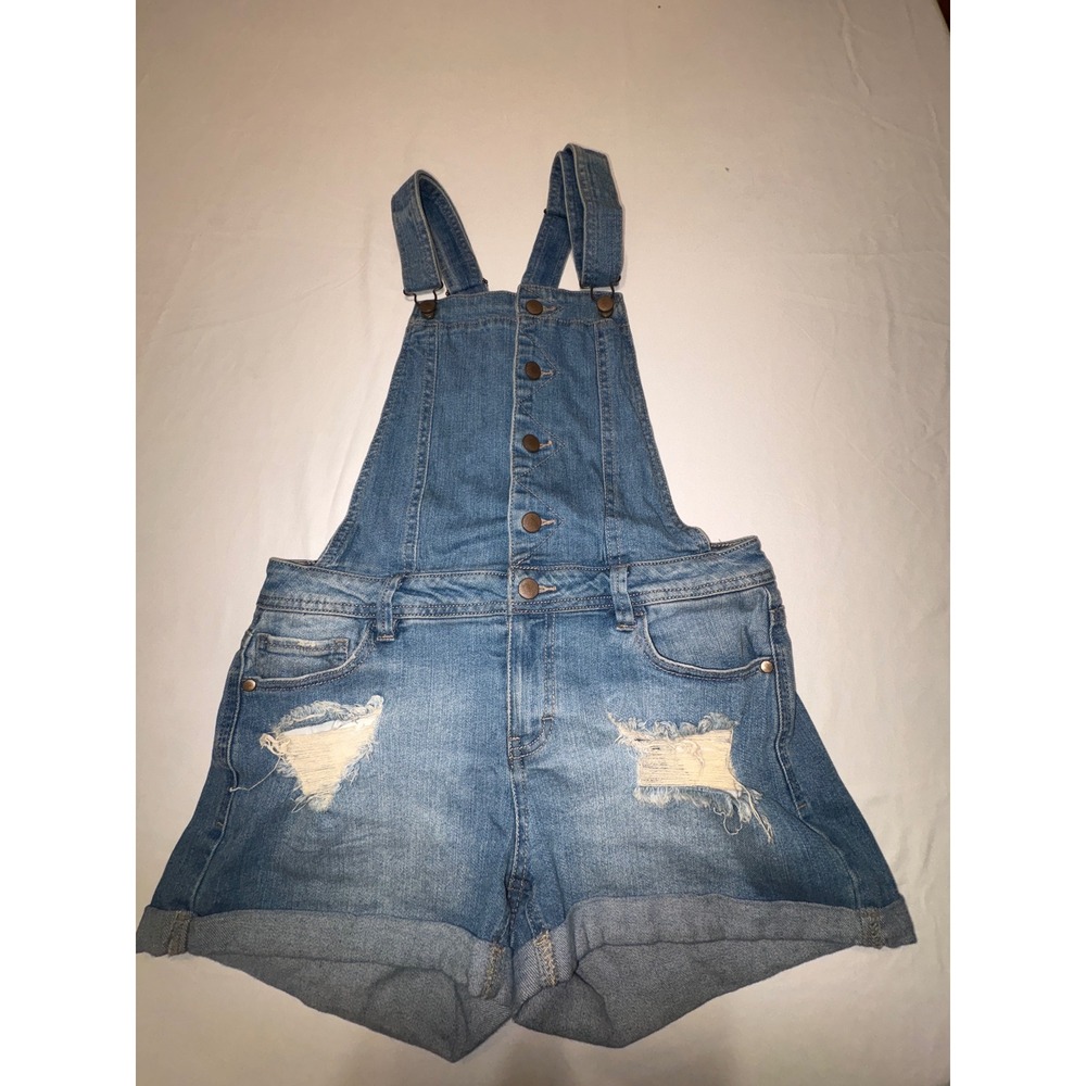 Distressed Denim Shortalls Medium Wash Button Front Overalls Shorts